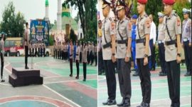 Kapolres AKBP Zulkarnain pimpin Sertijab Wakapolres dan Kasatreskrim di halaman Makopolres Lutim, Selasa (31/12/2025).