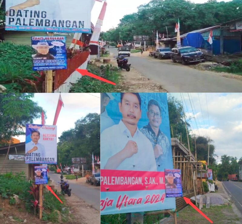 Jelang penetapan Paslon Kandidat Bupati Torut 2024-2029 nampak  baliho kedua bakal calon tersebut berdampingan di Jalan Poros Ba'tan-Buntao, Kabupaten Toraja Utara, Rabu (14/08/2024) pagi. Foto Dok:(Matius Mandarit/inspirasipos.com).