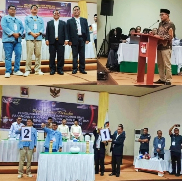 Ketua KPU Torut Jan Hery Pakan saat menyampaikan himbauan. Nampak kedua calon Ombas-Marthen memgang nomor urut 1 dan Dedy-Andrew tengah memegang papan nomor urut 2. Foto Dok:(Matius/inspirasipos.com).