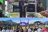 Dandim 1414/Tator Letkol Arm Bani K. Sepang saat membacakan amanat panglima. Selain itu penyerahan piagam penghargaan kepada sekolah yang meriah piagam PBB HUT RI. Dan penyerahan piagam penghargaan kepada jurnalis TV Joni Banne Tonapa atas dedikasinya dalam publikasi dan dokumentasi kegiatan TMMD ke-121. Foto Dok: Ist.