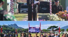 Dandim 1414/Tator Letkol Arm Bani K. Sepang saat membacakan amanat panglima. Selain itu penyerahan piagam penghargaan kepada sekolah yang meriah piagam PBB HUT RI. Dan penyerahan piagam penghargaan kepada jurnalis TV Joni Banne Tonapa atas dedikasinya dalam publikasi dan dokumentasi kegiatan TMMD ke-121. Foto Dok: Ist.