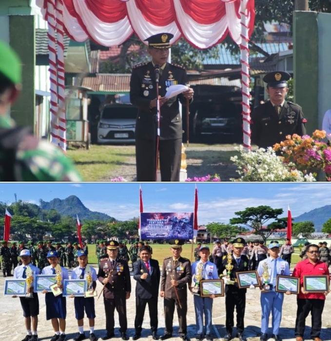Dandim 1414/Tator Letkol Arm Bani K. Sepang saat membacakan amanat panglima. Selain itu penyerahan piagam penghargaan kepada sekolah yang meriah piagam PBB HUT RI. Dan penyerahan piagam penghargaan kepada jurnalis TV Joni Banne Tonapa atas dedikasinya dalam publikasi dan dokumentasi kegiatan TMMD ke-121. Foto Dok: Ist.