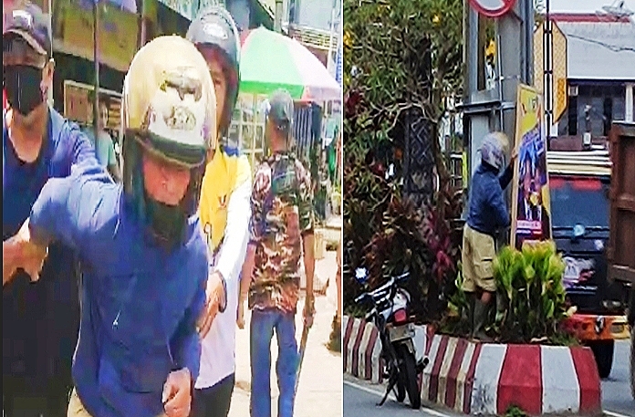 Foto terduga pelaku BP (61) saat diamankan oleh sejumlah warga yang kedapatan merusak Baliho Paslon 01 Ombas-Marthen di Jalan Trans Sulawesi, Ahmad Yani, pada Jum'at (18/12/2024) siang. Foto Dok: Redaksi.