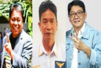 Kandidat calon Bupati Periode 2024-2029 Nomor Urut 01 Yohanis Bassang (kiri) Ketua DPC Torut partai Garuda, Yohanis Silalong (tengah) dan kandidat calon Bupati 02 Frederick Victor Palimbong (kanan). Foto Dok: Kloase inspirasipos.com.