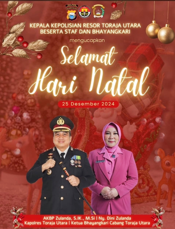 Banner ucapan selamat natal dari Kapolres Kabupaten Toraja Utara, AKBP Zulanda, S.I.K., M.Si. Foto Dok: Banner (Ist).