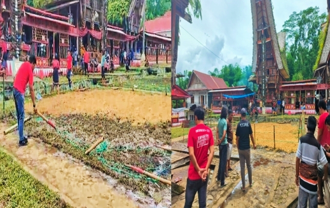 Nampak Anggota Resmob Polres Tator tiba di TKP dan langsung melakukan pembongkaran Arena Judi Sabung di Lembang Tumbang Datu, Kecamatan Sangalla Utara, Kabupaten Tana Toraja, Sulawesi Selatan, Jum'at (24/01/2025) siang.