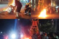 Ratusan massa turun ke jalan hingga bakar ban di depan Rumah Jabatan Bupati  Morowali Utara, Sabtu malam (01/03/2025).