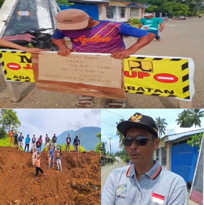 Nampak Pemerintah setempat dan Pemuda Karang Taruna (PKT) menutup Jalur Alternatif lintas Seba-seba di Simpang Tiga Desa Bahomoahi dan di wilayah perbatasan Desa Bahomoahi - Ululere, Jumat (18/04/2025) pagi.