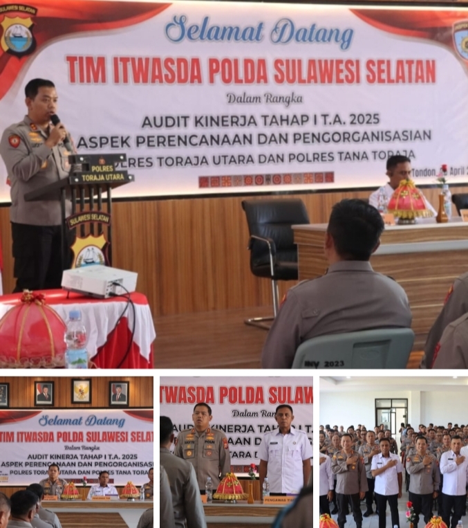 Foto Kolase: Tim Audit Kinerja Itwasda Polda Sulsel dipimpin Kombes Pol. Budi Susanto, S.I.K, selaku Ketua Pengawas Tim, disambut langsung oleh Kapolres Toraja Utara AKBP Stephanus Luckyto A.W, S.I.K., S.H., M.Si. Foto Dok: Humas.