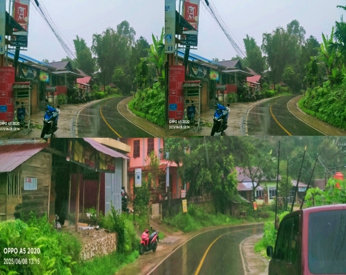 Nampak jalan poros Tondon-Palopo diguyur hujan deras, Kecamatan Tondon, Kabupaten Toraja Utara, Sulawesi Selatan, Minggu (8/06/2025) siang. Foto Dok: inspirasipos.com/Arie Mean.