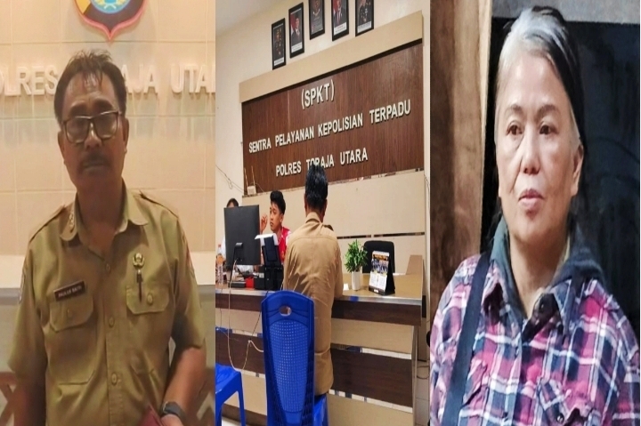 Kepala Dinas Ketahanan Pangan (Ketapang) Kabupaten Toraja Utara, Paulus Batti (kiri-tengah) saat berada di ruangan SPKT Polres Torut dan Kabid Ketersedian dan Distribusi Pangan Toraja Utara, Yopita Sampe Allo (kanan). Dok cloase redaksi: Foto sumber- (torajatimes.com/harian.fajar.co.id/Fredy Samuel).