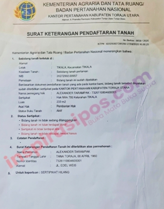 Surat pengajuan pendaftaran tanah di BPN Torut. Foto Dok: Handover.