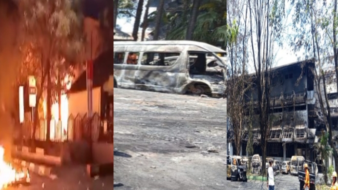 Aksi pembakaran yang dilakukan massa pendemo meninggalkan puing bangunan dan kendaraan yang terparkir di halaman kantor DPRD kota Makassar, Sabtu (30/08/2025). Foto Dok: Ist.