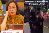 Menteri Keuangan Sri Mulyani (kiri) dan nampak sejumlah warga membawa barang hasil jarahannya. Foto: Screenshot FB Viralan
