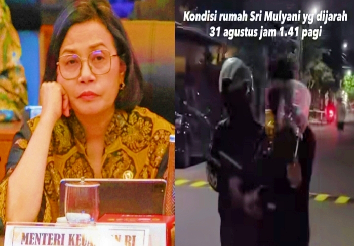 Menteri Keuangan Sri Mulyani (kiri) dan nampak sejumlah warga membawa barang hasil jarahannya. Foto: Screenshot FB Viralan