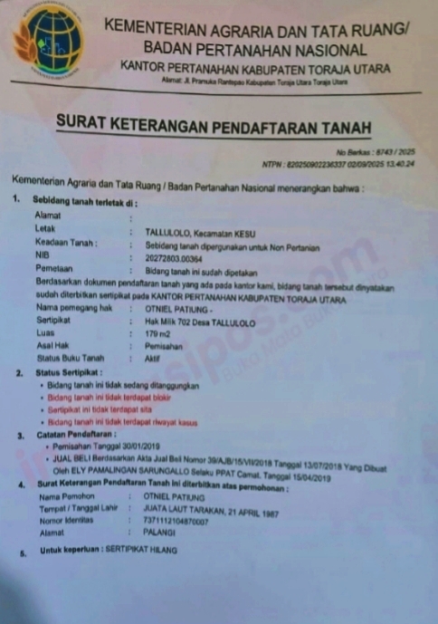 Surat keterangan pendaftaran tanah dari Kantor Badan Pertanahan Nasional Kabupaten Toraja Utara, Rabu (3/09/2025). Daftar terlampir di kantor Notaris Pahala Lammiduk Rumahorbo, Jl. Monginsidi, Depan SMA Katolik Rantepao, Kecamatan Rantepao, Kabupaten Toraja Utara, Sulawesi Selatan, Kamis (4/09/2025).