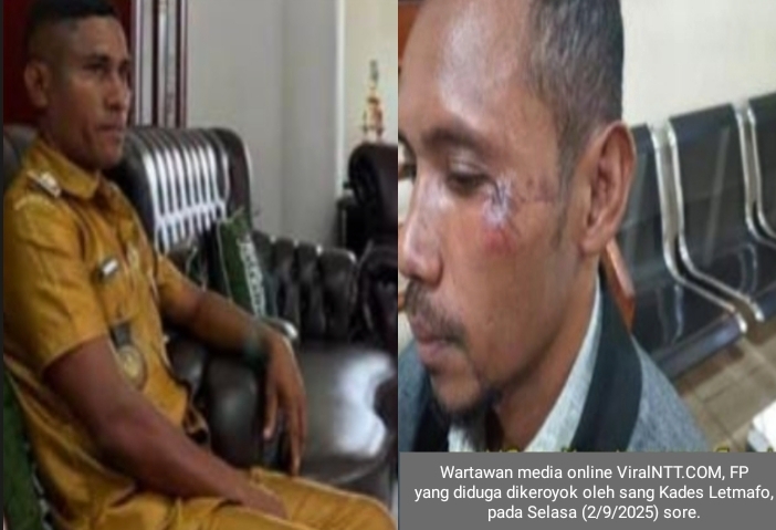 Kepala Desa (Kades) Letmafo, Kecamatan Insana Tengah, Kabupaten Timor Tengah Utara (TTU), Donatus Nesi, terduga pelaku pengeroyokan (kiri) dan wartawan media online ViralNTT.COM, koraban pengenroyokan (FP), Selasa (2/9/2025) sore. Foto Dok: Handover