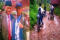 Legislator dari Fraksi Partai Demokrasi Indonesia Perjuangan (PDIP) Antonius Semben (kiri) dan Jurnalis inspirasipos.com, Erlinuddin (kanan) Foto berdua usai menghadiri kegiatan pelantikan 30 Anggota DPRD Torut, pada Kamis (31/10/2025) lalu. Nampak Foto jalan rusak parah di Bokin-Saruran yang dilalui pelajar SMPN 1 Rantebua. Foto Dok: Redaksi.
