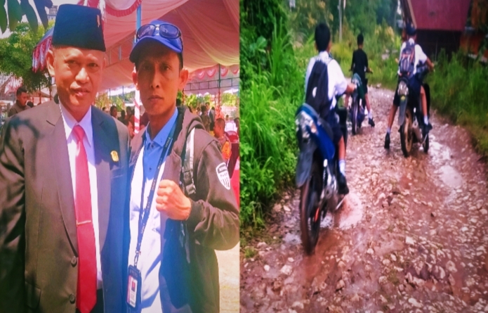 Legislator dari Fraksi Partai Demokrasi Indonesia Perjuangan (PDIP) Antonius Semben (kiri) dan Jurnalis inspirasipos.com, Erlinuddin (kanan) Foto berdua usai menghadiri kegiatan pelantikan 30 Anggota DPRD Torut, pada Kamis (31/10/2025) lalu. Nampak Foto jalan rusak parah di Bokin-Saruran yang dilalui pelajar SMPN 1 Rantebua. Foto Dok: Redaksi.