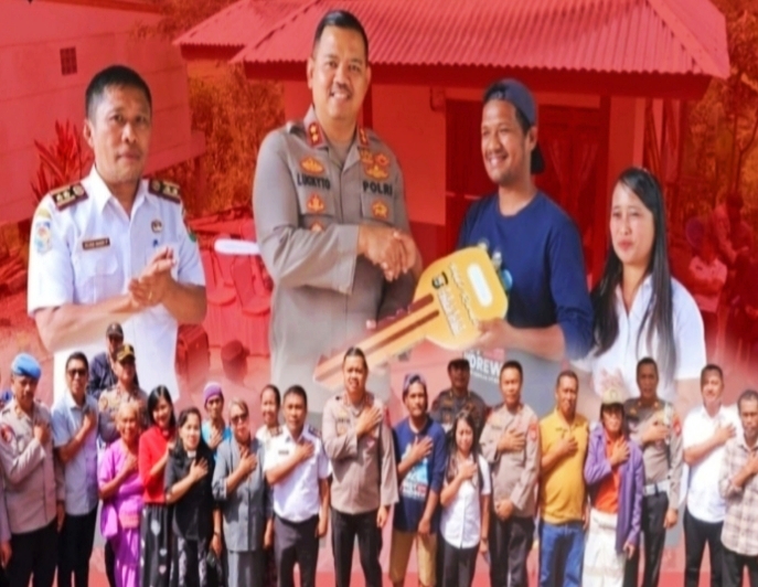 Foto bersama Kapolres Toraja Utara, AKBP Stephanus Luckyto AW, SIK, SH, MSi., dan Kepala Dinas Sosial Toraja Utara, Elias Madi Parapak beserta warga penerima manfaat di Panga’, Lembang Tondon, Kecamatan Tondon, Rabu (10/9/2025).